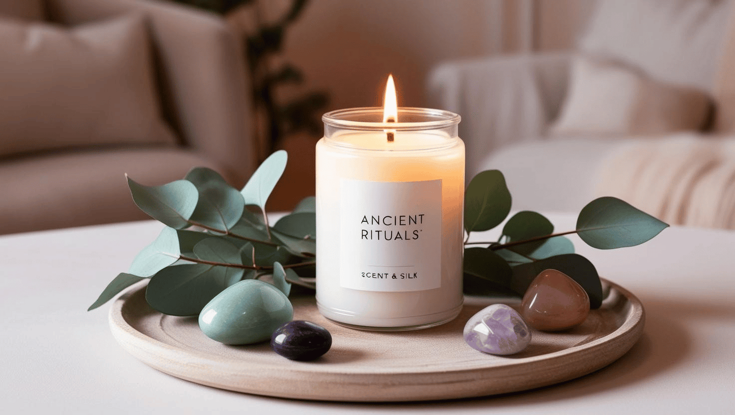 A lit aromatherapy candle with a warm glow, surrounded by eucalyptus leaves, crystals, and soft fabrics, creating a tranquil setting for mindfulness and relaxation. The Candle reads Ancient Rituals.