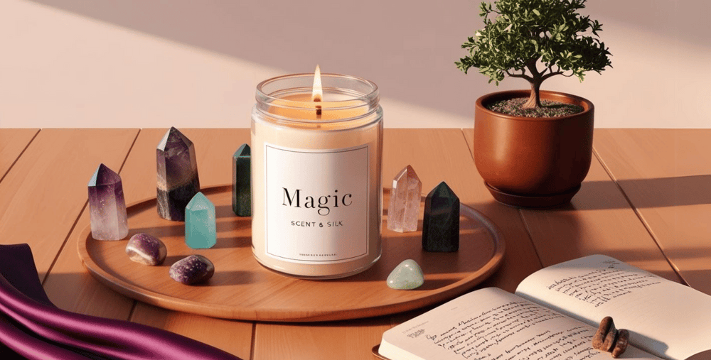 A Scent & Silk candle glowing on a modern table surrounded by crystals, a silk cloth, and a journal, creating a serene and intentional ritual space.