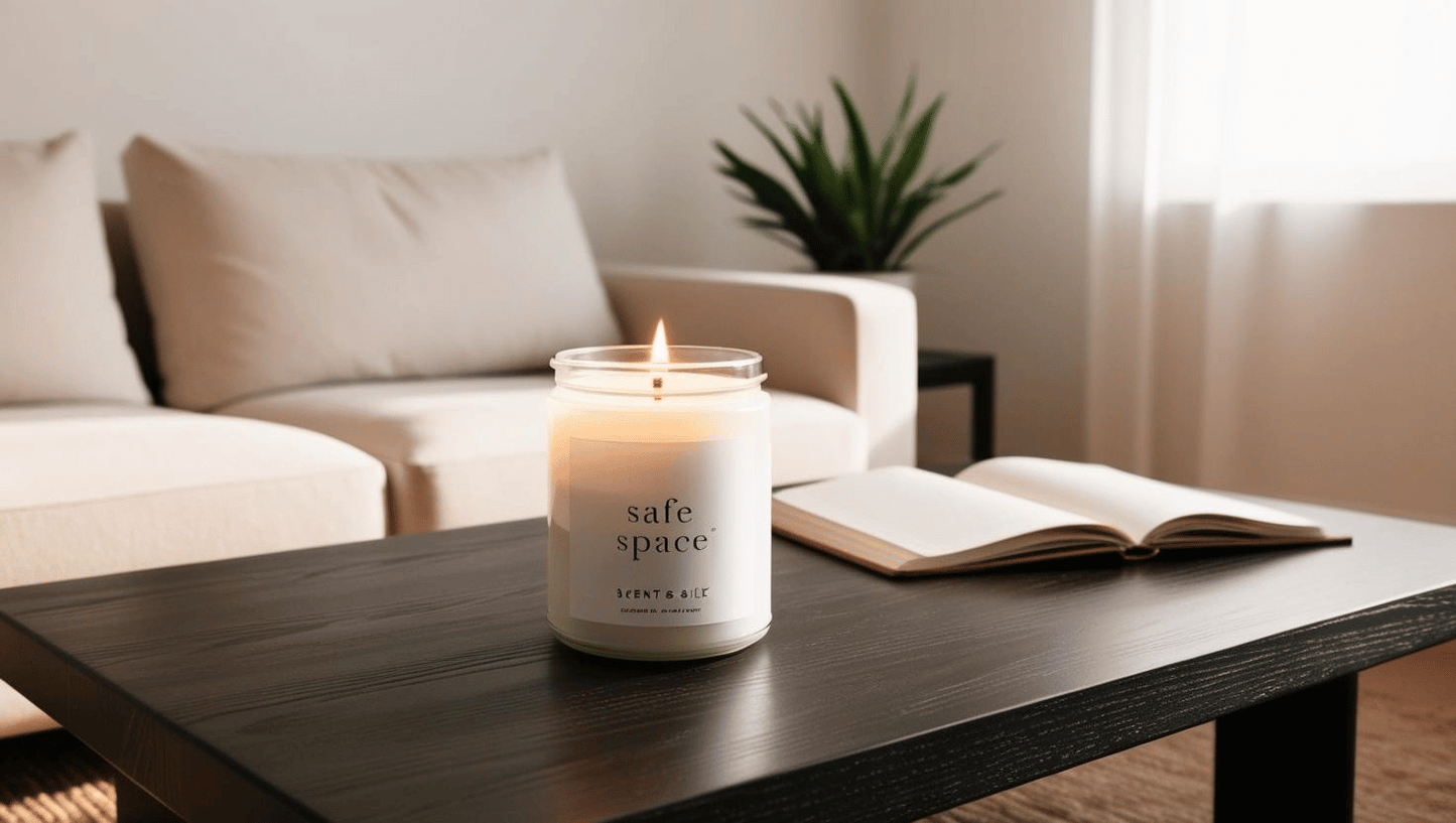 Lit candle in a white jar with a clear white label on a wooden table, styled with a potted plant and an open journal under soft natural lighting.